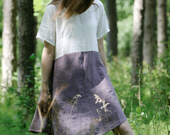 Linen skater dress ADELE, Two tone linen dress, Short sleeve linen dress, Natural skater dress, Linen slip skater dress, Linen midi dress