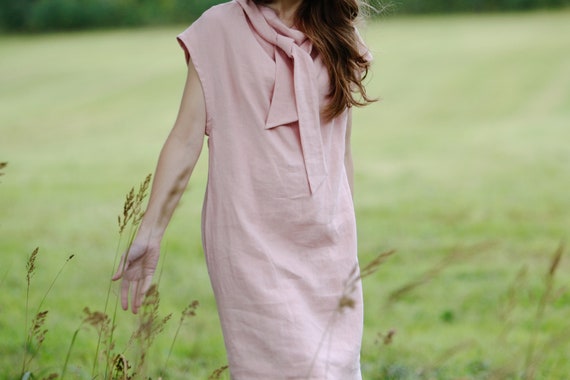 READY to Ship S size, Linen Formal Dress VERONIKA, Knee-Length, Tie Neck, Summer Party Wear