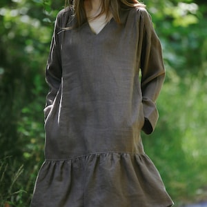 Ruffle linen dress RUTA, Linen summer dress, Bohemian clothing, Loose linen dress, Frill dress, Linen shirt dress, Plus size clothing,Autumn