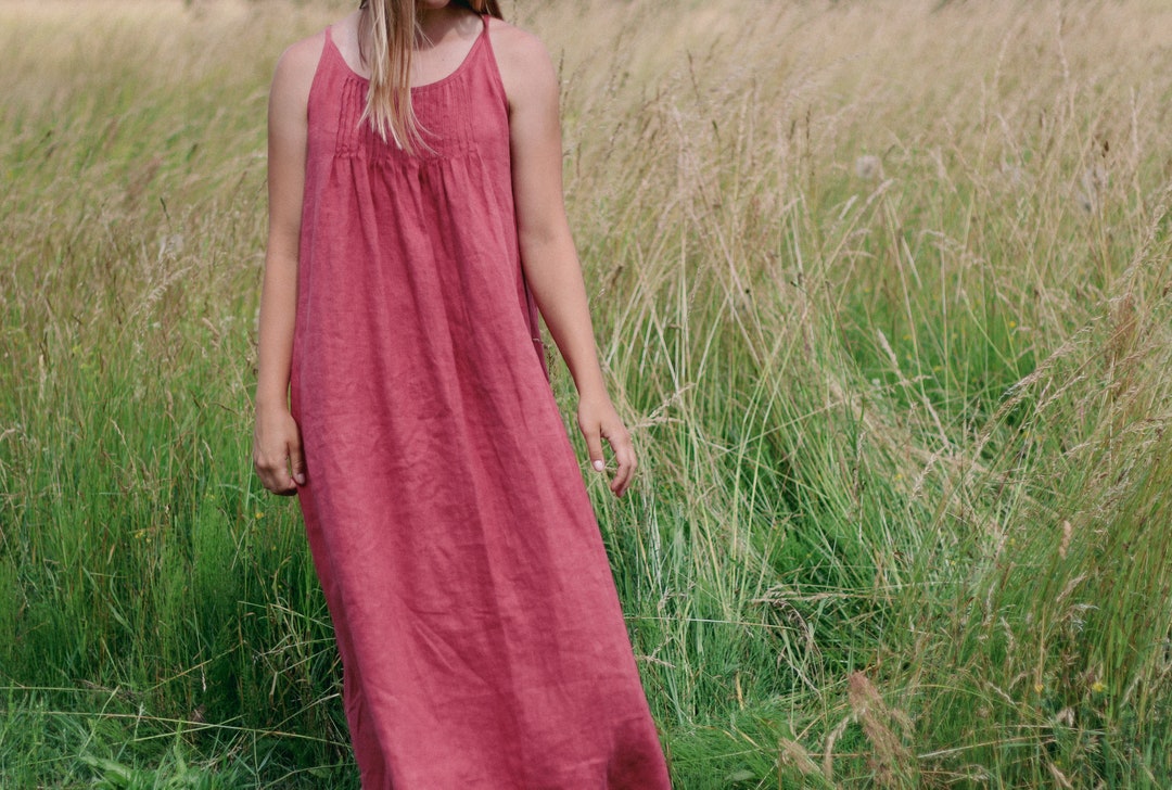 Halter Neck Maxi Linen Dress AMELIJA, Sleeveless Long Sundress, Tie Bow ...
