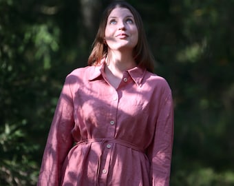 Linen Shirt Dress ELIZABETE, Long Sleeve Collared Dress with Pockets