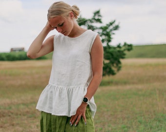 VENTE / PRÊT taille s, haut sans manches en lin à volants OLIVIJA, haut en lin, chemisier en lin naturel, haut en lin élégant, vêtements durables