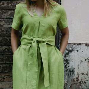 SALE / READY s size, 100% Linen dress SOFIJA, Long linen dress, Dress with short sleeves, Boho linen dress with belt, Green summer dress