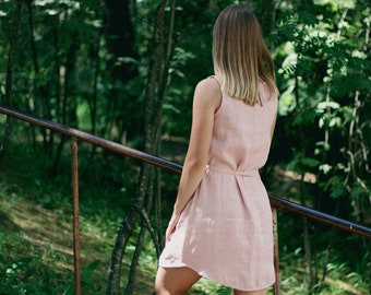Linen Mini Dress MARTA, Sleeveless Shift with Belt