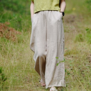 Linen wide pants REINIS, Wide Leg Linen Woman Pants with Pockets, High Waisted Linen Pants With Elastic Waistband, Long Wide Linen Trousers