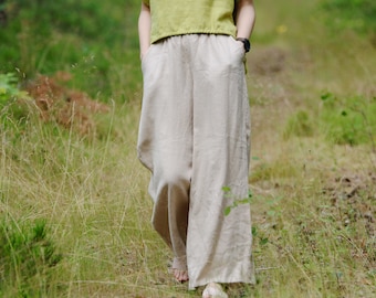 Breite Leinenhose REINIS, Leinenfrauenhose mit weitem Bein und Taschen, Leinenhose mit hoher Taille und elastischem Bund, lange, breite Leinenhose