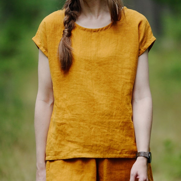 Chemise en lin LAUMA, haut en lin, haut à manches courtes en lin, chemisier en lin basique, haut décontracté en lin pour femme, chemisier en lin d'été, haut en lin pur