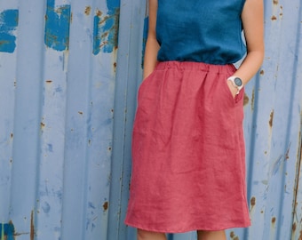 READY to Ship S M L size, Linen skirt LUIZE, Linen Midi Skirt with Pockets, A-Line Knee Length, Summer Essential