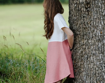 Linen skater dress ADELE, Two tone linen dress, Short sleeve linen dress, Natural skater dress, Linen slip skater dress, Linen midi dress