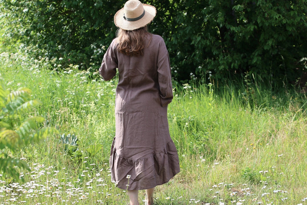 Long ruffle linen dress RITA, linen summer dress, Bohemian clothing, Loose linen dress, Frill dress, linen shirt dress, Autumn linen dress
