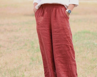 Breite Leinenhose REINIS, Leinenfrauenhose mit weitem Bein und Taschen, Leinenhose mit hoher Taille und elastischem Bund, lange, breite Leinenhose