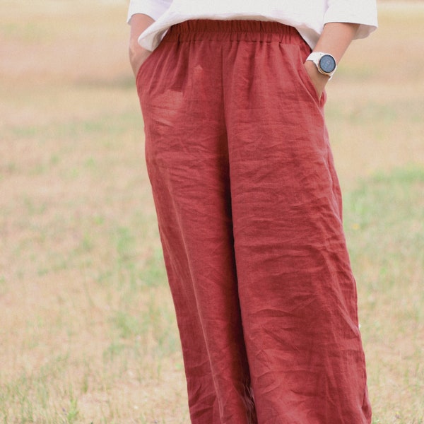 Linen wide pants REINIS, Wide Leg Linen Woman Pants with Pockets, High Waisted Linen Pants With Elastic Waistband, Long Wide Linen Trousers