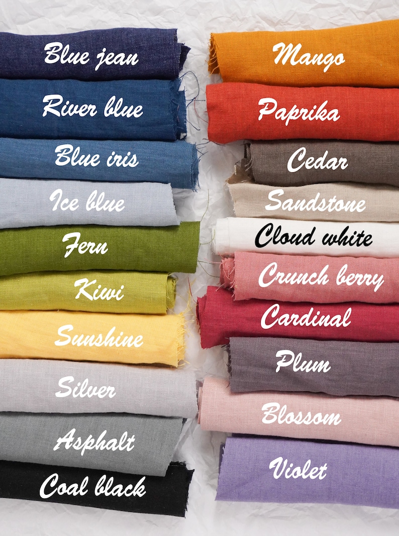 May include: A collection of fabric swatches in various colors, including blue jean, river blue, blue iris, ice blue, fern, kiwi, sunshine, silver, asphalt, coal black, mango, paprika, cedar, sandstone, cloud white, crunch berry, cardinal, plum, blossom, and violet.