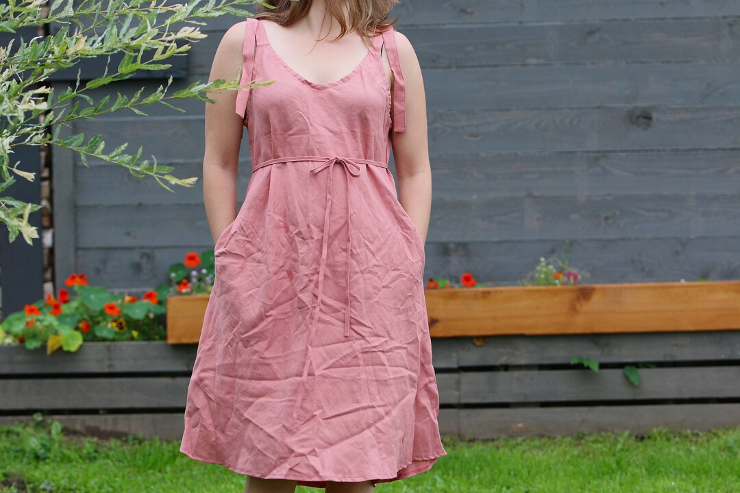 Linen Dress With Decorative Straps SIGNE, Linen Strap Dress With Belt