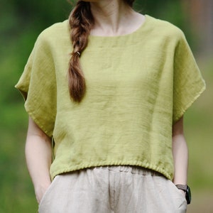 Top curto de linho KIRA, Top curto de linho, Camisa de linho, Blusa oversized de linho, Top de manga curta de linho, Top inen natural, Top feminino de ajuste solto