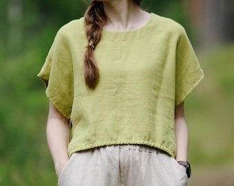 Oversized Linen Crop Top KIRA, Short Sleeve Blouse, Natural Linen
