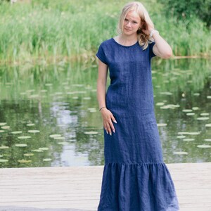 Long linen dress REBEKA, Linen dress with ruffle hem, Women linen dress, Ruffle dress, Linen short sleeve dress, Romantic long linen dress
