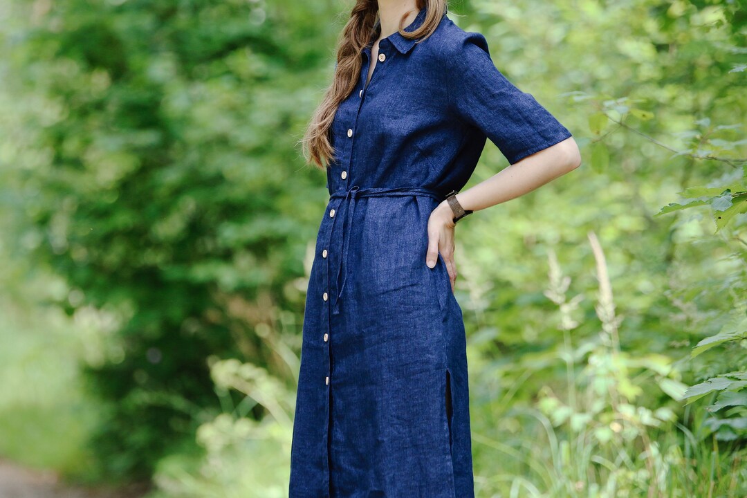 Linen Shirt Dress GRIETA, Collared Linen Shirt Dress, Short Sleeve