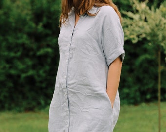 Maternity linen dress SIGITA, Collared linen shirt dress, Linen shirt dress, Short sleeve linen dress buttons, Breastfeeding linen dress
