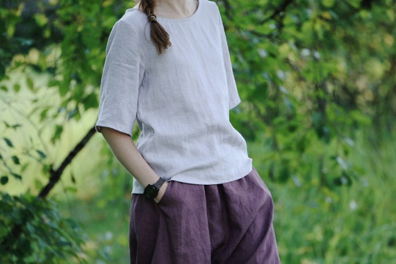 Leinenbluse SANTA mit halben Ärmeln, Leinentop, Lockere Leinenbluse, Leinentop mit Ärmeln, Natürliche Damen Leinenblusen, Leinen Freizeitbluse
