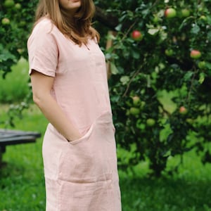 V-neck linen dress DIANA, Loose linen dress, Linen summer dress with front pockets, Handmade dress, Work linen dress, Midi linen dress