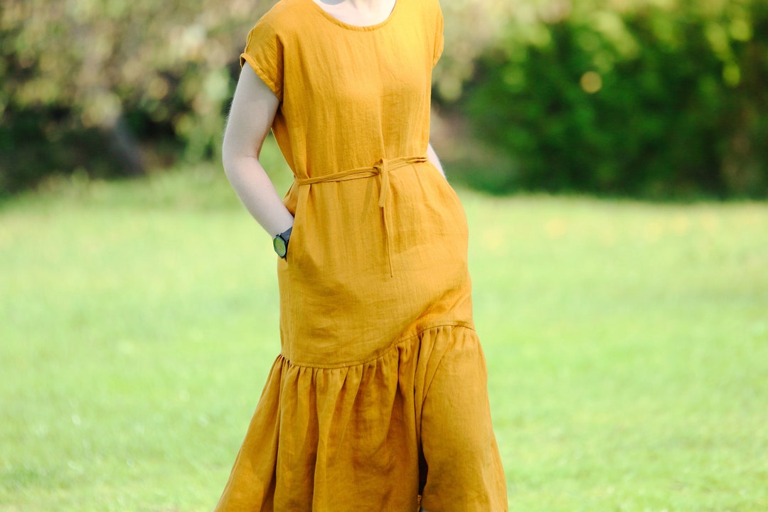 Linen A-Line Dress with Ruffle Details
