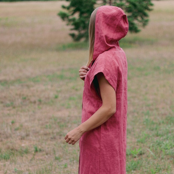 Veste longue sans manches à capuche en lin DARTA, manteau à capuche en lin, veste en lin femme, veste en lin avec capuche, gilet en lin, veste sans manches