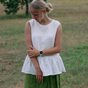 Linen sleeveless ruffle top OLIVIJA, Linen woman top, Linen blouse, Natural linen top, Elegant linen top, Sustainable linen clothing