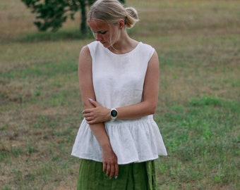 Linen sleeveless ruffle top OLIVIJA, Linen woman top, Linen blouse, Natural linen top, Elegant linen top, Sustainable linen clothing