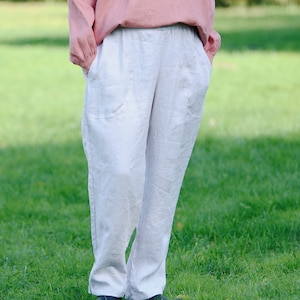 Pantalones de lino RALFS, Pantalones de lino con cintura elástica, Pantalones de mujer, Pantalones casuales de lino, Pantalones de lino ajustados, Pantalones de lino con bolsillo