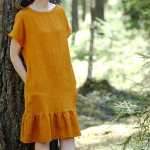 Linen ruffle dress VIKTORIJA, Linen dress, Party linen dress, Short sleeve dress, Midi linen dress, Linen clothing, Bohemian linen dress