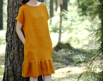 Linen ruffle dress VIKTORIJA, Linen dress, Party linen dress, Short sleeve dress, Midi linen dress, Linen clothing, Bohemian linen dress