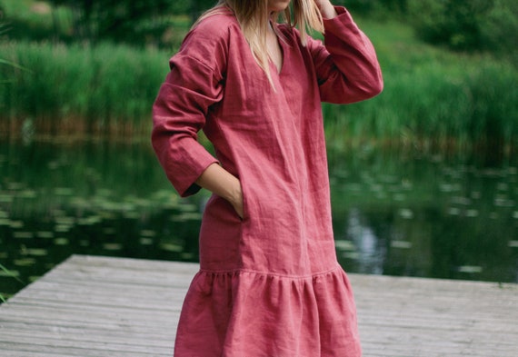 READY to Ship S size, Linen Ruffle Dress RUTA, Bohemian Long Sleeve V-Neck Shirt Dress