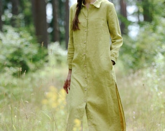 Long sleeve shirt dress ELIZABETE, Collared linen shirt dress, Full sleeve linen dress with pockets, Breastfeeding linen dress, Linen dress