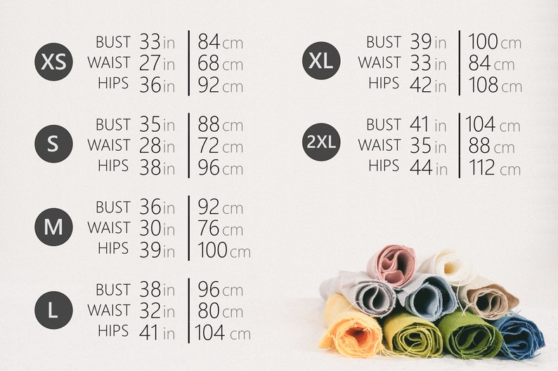 May include: Size chart with measurements in inches and centimeters for XS, S, M, L, XL, and 2XL sizes. The chart shows bust, waist, and hip measurements.
