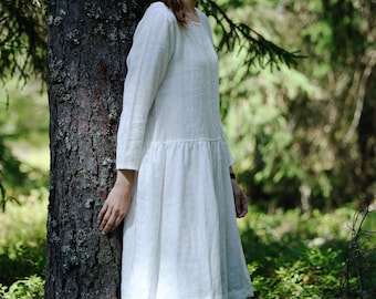 Ruffle linen dress midi lenght GABRIELA, Linen dress long sleeve, Ruffle waist linen dress, Freestyler linen dress for women, Organic dress