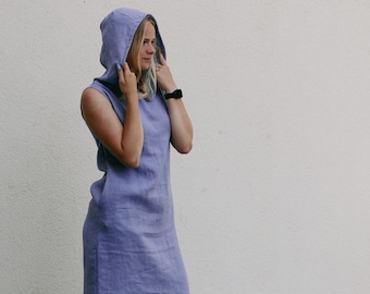 Hooded linen dress ENIJA, Linen dress with hood, Natural linen dress for women, Hoodie dress, Linen short sleeve dress, Causal linen dress