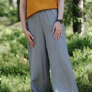 Linen wide pants REINIS, Wide Leg Linen Woman Pants with Pockets, High Waisted Linen Pants With Elastic Waistband, Long Wide Linen Trousers
