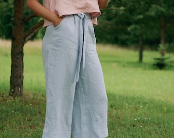 Linen capri pants OLIVERS, linen pants, loose linen pants, pants with belt, wide leg culottes, linen cropped pants, high waist trousers