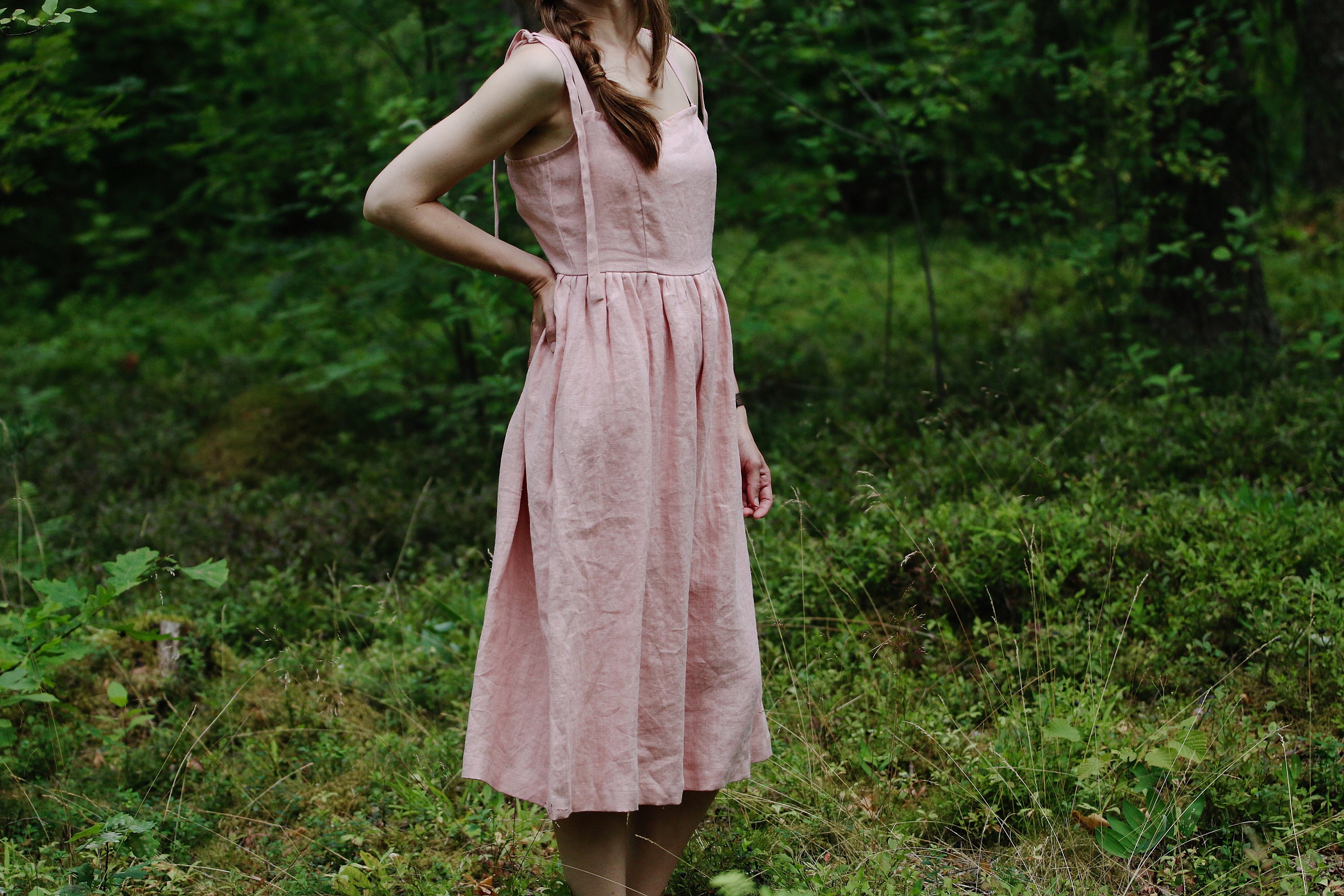 Tie Strap Linen Dress BEATRISE, Linen Tie Strap Dress, Long Dress for Woman, Linen Summer Dress, Apron Dress for Women, Romantic Dress