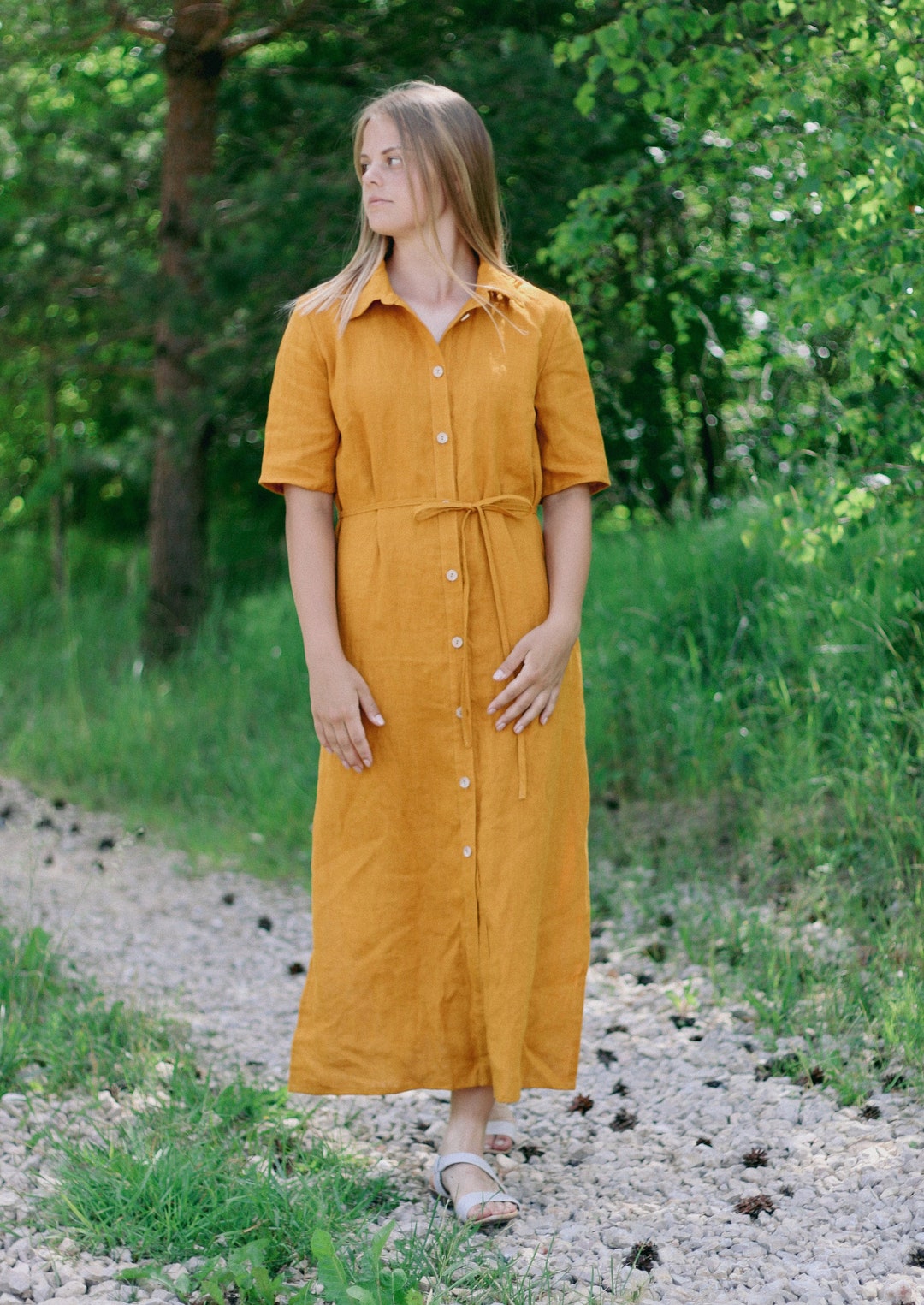 Linen Shirt Dress GRIETA, Collared Linen Shirt Dress, Short Sleeve