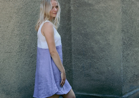 Two Tone Linen Skater Dress AGATA, Sleeveless Low Back