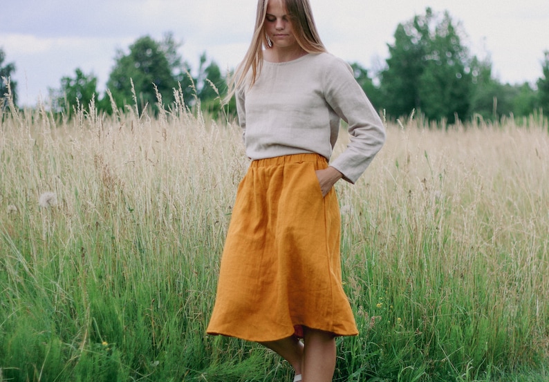 Linen skirt LUIZE, Linen knee length skirt, Midi linen skirt. A Line linen skirt, Summer skirt, Skirt with pockets, 100% natural linen skirt image 10