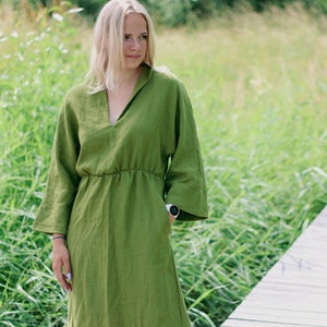 Long sleeve linen dress ALISE, Linen midi dress, Belted linen dress, Washed linen dress, Autumn linen dress,Natural linen dress long sleeves