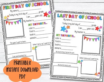 May include: Printable first and last day of school worksheets with colorful stars and banners. The worksheets include space for students to write their name, grade, age, teacher, favorite color, food, book, and animal. There is also space for students to draw a picture of themselves and write about what they want to learn and what they are most excited for.