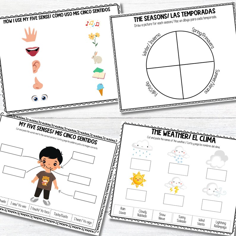 May include: Black and white printable worksheets for kids to learn about the five senses, seasons, and weather. The worksheets include images and text in both English and Spanish.