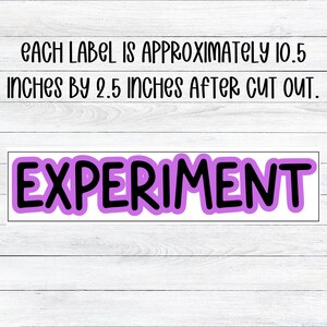May include: A white rectangular label with the word "EXPERIMENT" in black bubble letters outlined in purple. The text above the label reads: "EACH LABEL IS APPROXIMATELY 10.5 INCHES BY 2.5 INCHES AFTER CUT OUT."