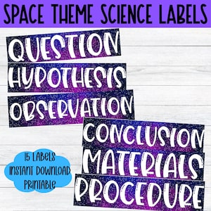 May include: Space-themed science labels with words like "Question," "Hypothesis," and "Observation" in white font against a starry background. The labels are rectangular and stacked. A blue cloud graphic says "15 Labels Instant Download Printable."