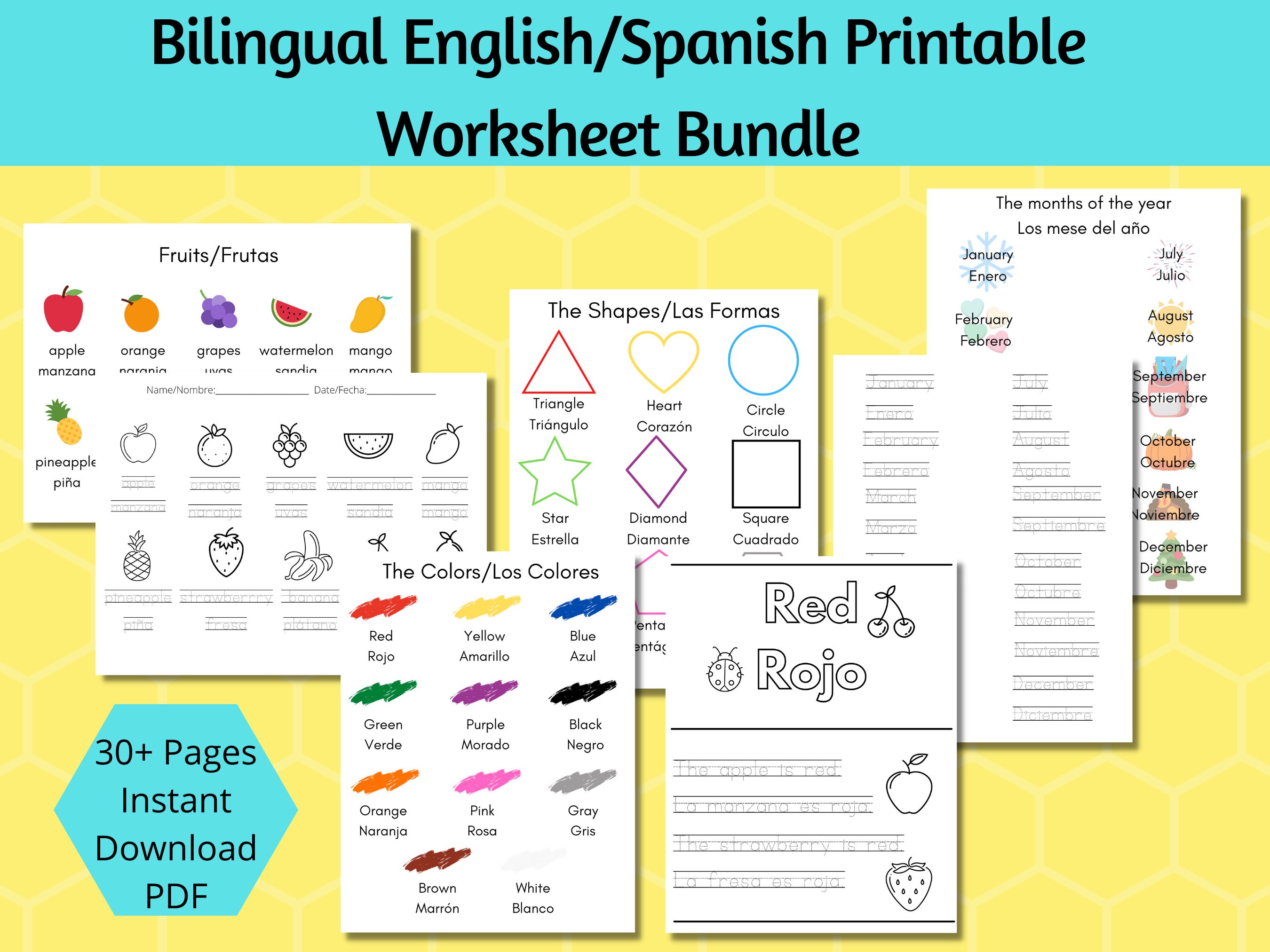 bilingual english spanish worksheet bundle printable etsy