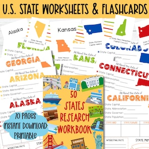 History 50 State Research Worksheet US State Facts Worksheet Homeschool Printable US History Research Report State and Capital Flashcards